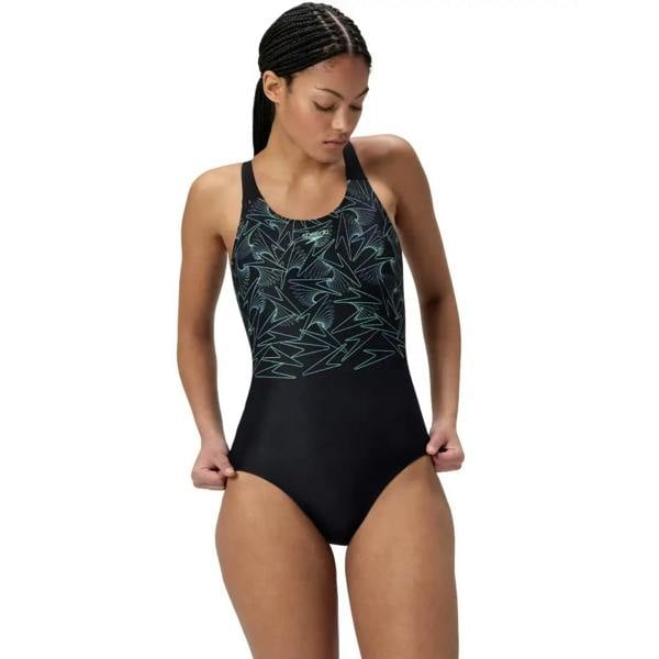 Green/black Speedo Hyperboom placement muscleback swimsuit with leaf pattern