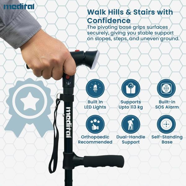 MEDITAL Folding Walking Stick with SOS Alarm & LED Light - 86-97cm Adjustable Aluminum Foldable Walking Stick for Men & Women