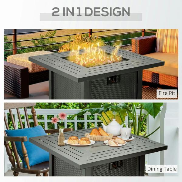 Square black propane fire pit table with burning flames on patio surface