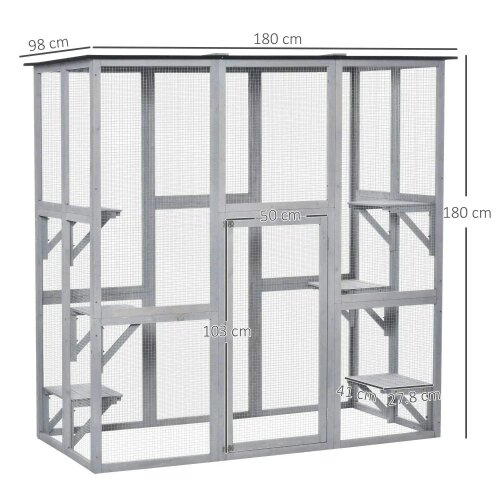 Wooden Catio Cat Outdoor Enclosure, Cat Cage with Waterproof Roof, Platforms, for Multiple Kittens, 180 x 98 x 180 cm