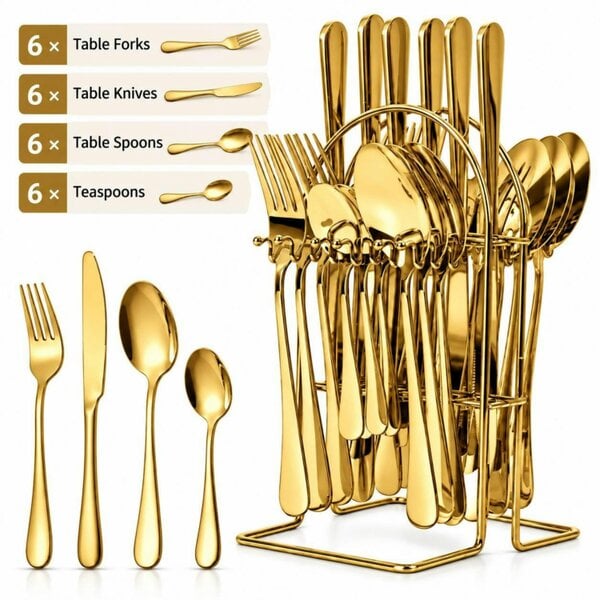 Dyzi 24 Piece Stainless Steel Cutlery Set with Storage Stand Gold