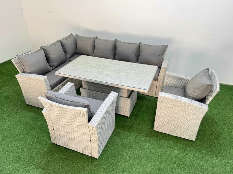 Fimous 8 Seat Rattan Outdoor Garden Furniture Corner Sofa Set Adjustable Lifting Dining or Coffee Table Set with 2 Armchairs Light Grey