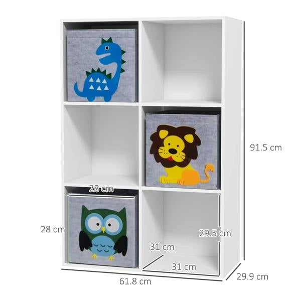White kids toy storage cabinet with fabric drawers and dimension labels on the front