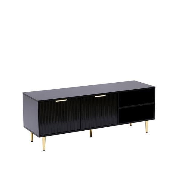 MMT Furniture Designs Black MMT TV Stand, TV Stand Cabinet with Fluted Ribbed Gloss Doors and Legs, 130cm TV