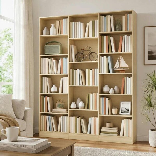 Bookcase with Open Storage, 6-Tier Bookshelf with Anti-Tipping Hardware, Oak