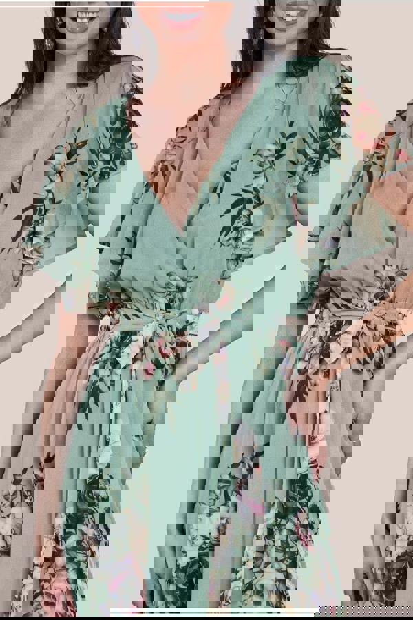 Floral Printed Flutter Sleeve Chiffon Midi Dress - Sage Green DR4515