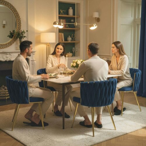 Wyld Haus Sosura Set Of 2 Dark Blue Velvet Upholstered Dining Chairs With Woven Back And Arms