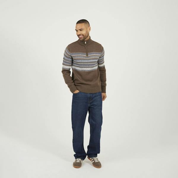 Brave Soul Brown Quarter Zip Fair Isle Jumper - Brown Image 3