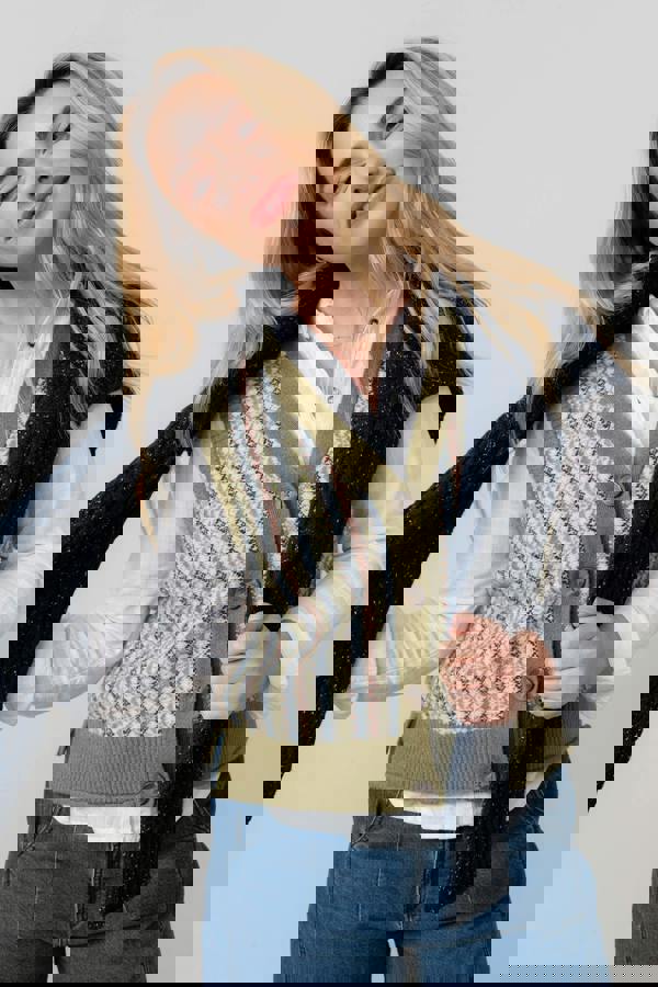 Lily & Me Gwyneth Fair Isle Sleeveless Cardigan Moss