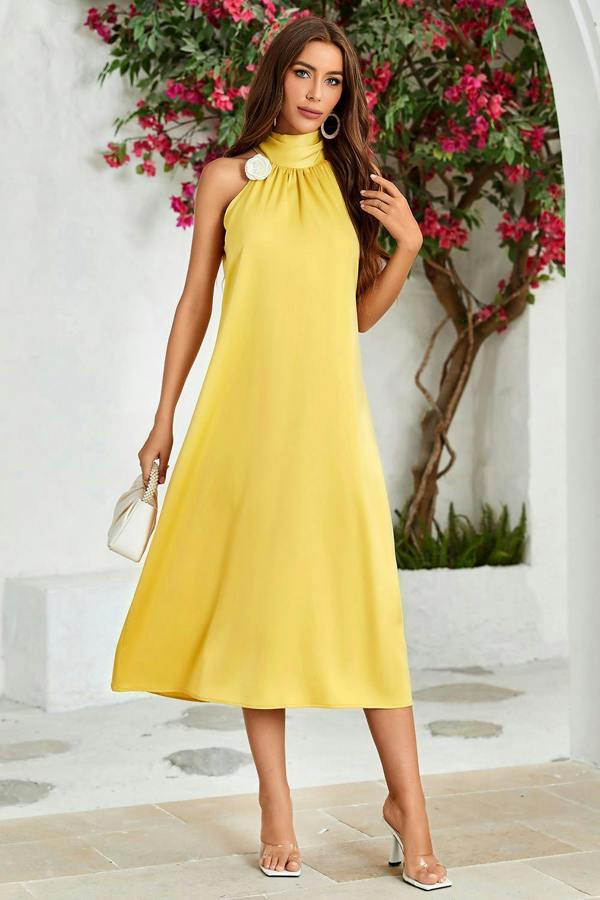 FS Collection Satin Halter Neck Tie Back Midi Dress In Yellow