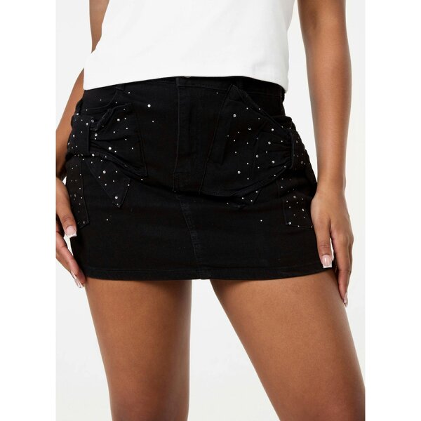 Pink Vanilla Diamante Bow Denim Mini Skirt