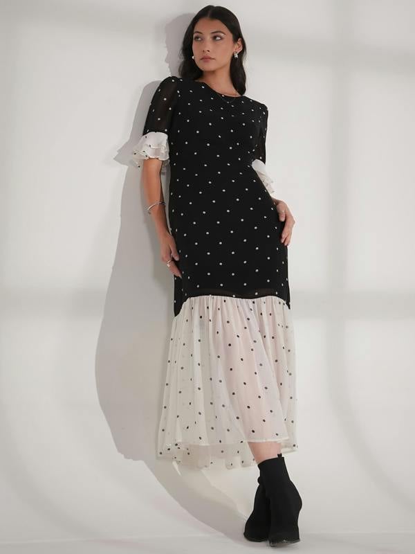 Rose & Nancy Saphi Black and White Pindot Spot Midi Dress