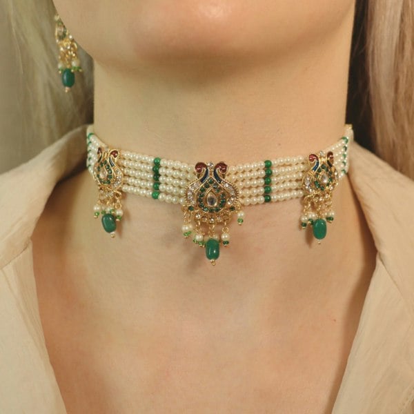 The Colourful Aura Traditional Ethnic Multi Strand White Pearl Dangle Diana Choker