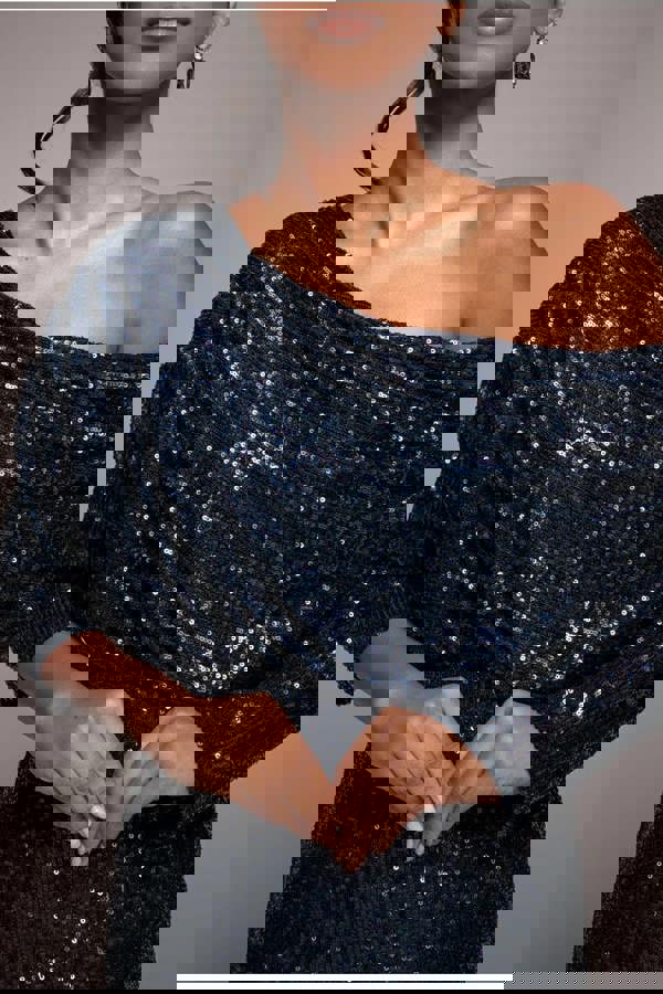 Sequin Cowl Neck Midi Dress - Navy DR3321