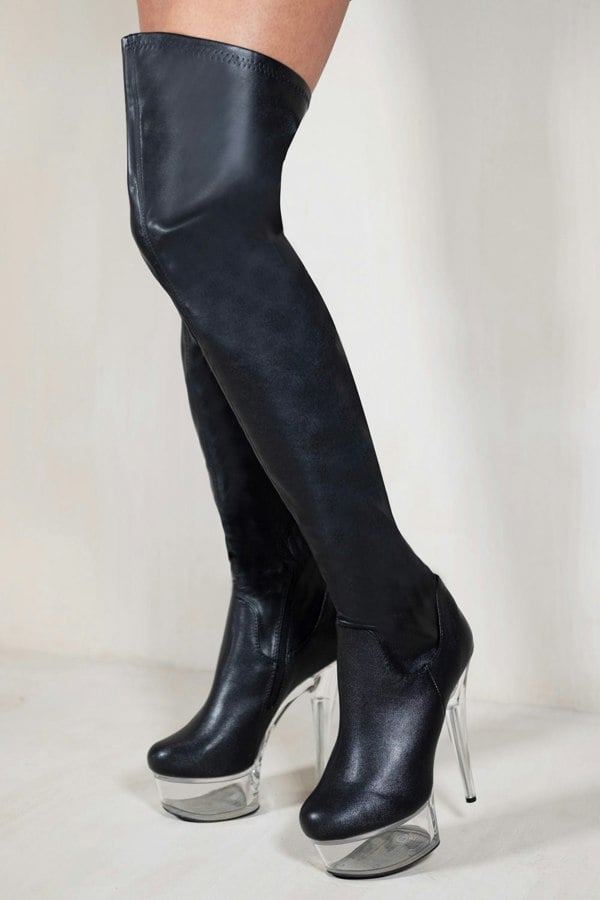 Where's That From Alisa Platform Over the Knee Stiletto High Heels in Black Faux Leather