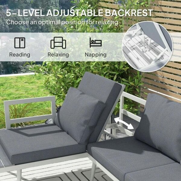 Bobobiy 3 Piece Garden Set with 5-Level Adjustable Lounger, L Shaped Garden Corner Sofa with Cushions, Slatted Wood-Grain Table, Grey