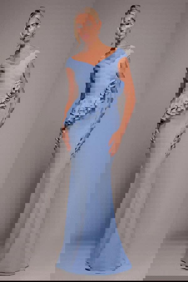 Scuba Crepe Rose Frill Maxi Dress - Cornflower Blue DR4281