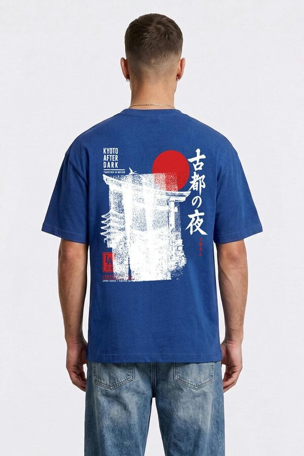 London Attitude Kyoto After Dark Oversized Heavyweight Japanese Graphic T-Shirt - Deep Royal Blue