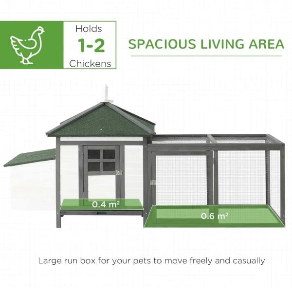 Grey chicken coop with nesting box and spacious fenced run, green roof panels and doors.