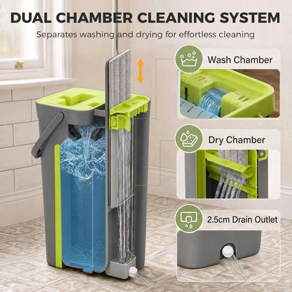 HOMCOM Mop and Bucket Set, Compact Flat Mop System, Dark Grey and Green