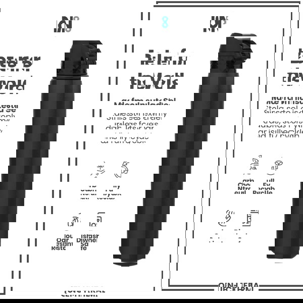 A black insulated stainless steel water bottle sits against a white background. It is made from fully recyclable, odour-resistant, and dishwasher-safe material. The bottle is carbon neutral.