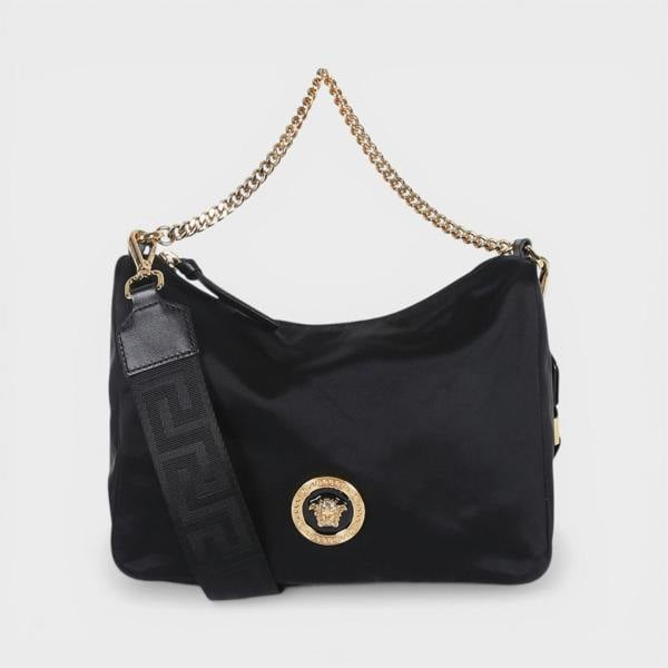 Versace Hobo Fabric Calf Enamel Bag Black