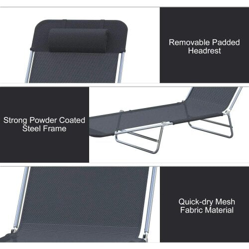 Bobobiy Outdoor Foldable Sun Lounger, Adjustable Backrest Garden Recliner Sun Lounger Chair with Headrest Pillow, Black