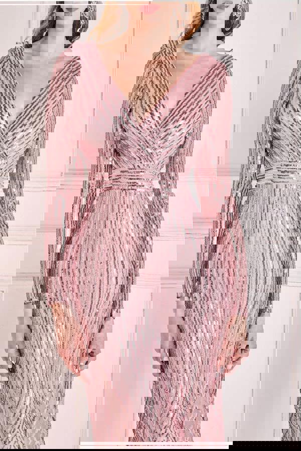 Long Sleeve Sequin V Wrap Maxi Dress - Blush DR3485