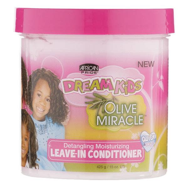 Jar of Dream Kids Olive Miracle leave-in conditioner with pink lid and label.