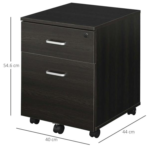 Locking filing cabinet with two drawers, dark wood-grain finish, on five rolling casters
