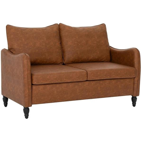 Brown faux-leather two-seater sofa with curved arms, back cushions, and block base
