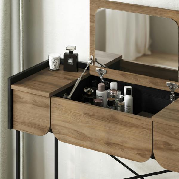 Decortie Modern Terra Dressing Table Lift-Up Mirror Storage Space 2 Drawers Bedroom Vanity Table W100xD40cm Whiskey Oak Black Wood