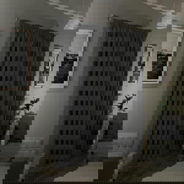 Enhanced Living Grey Textured Basketweave 100% Blackout Pencil Pleat Thermal Energy Saving Curtains - Ideal for Living Rooms & Bedrooms