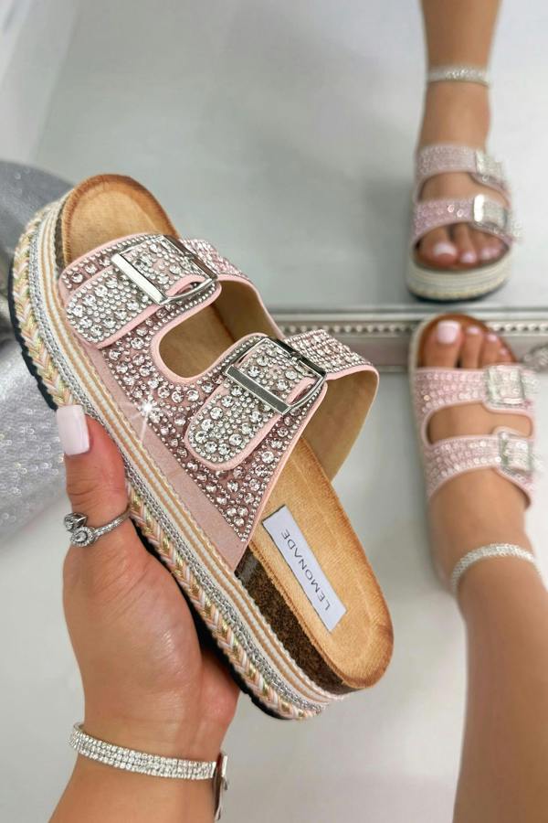 Love Lemonade Crystal Riviera Double Buckle Sliders Pink