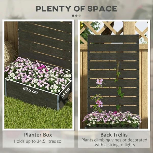 Black planter box with back trellis and slatted panel for climbing plants