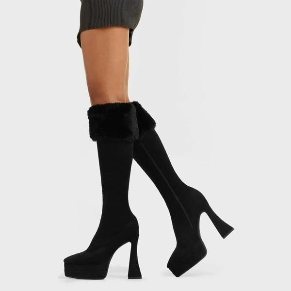 Lamoda Good Soul Women’s Black Suede Platform Knee High Boots with Fur