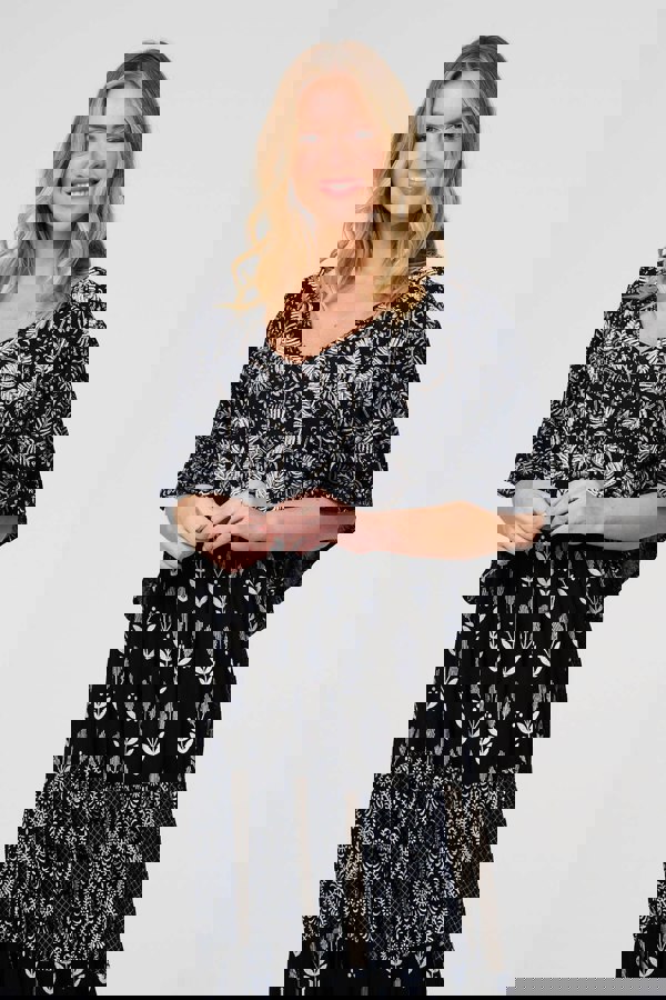 Black | Leaf Print 3/4 Kimono Sleeve Maxi Dress