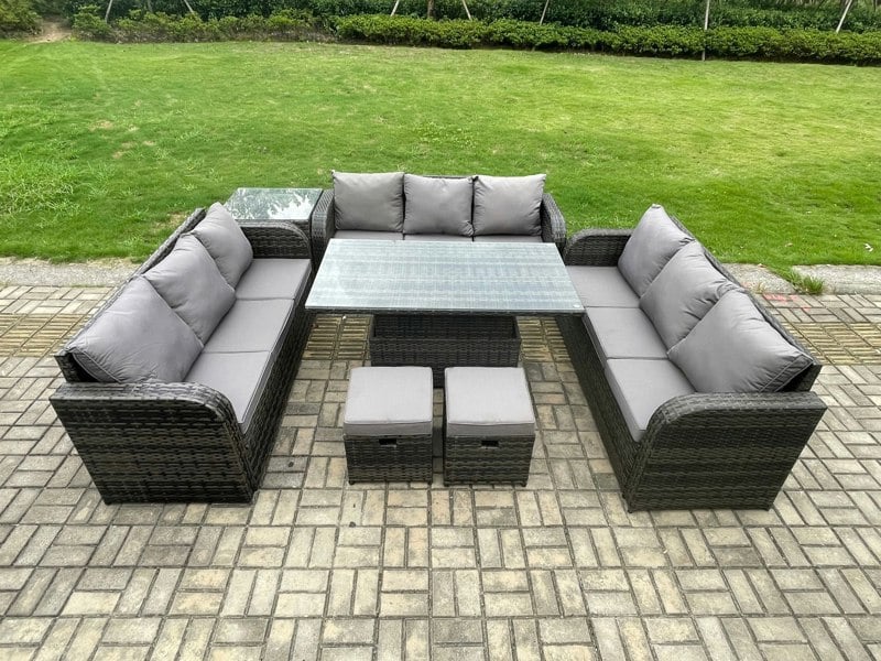 Fimous Dark Grey Mixed Rattan Outdoor Lounge Set - Height Adjustable Lifting Table, Side Table & 2 Small Footstools