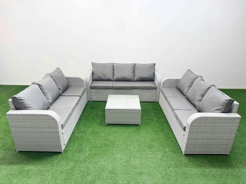 Fimous PE Rattan Lounge Sofa Set 9 Seater Outdoor Garden Furniture Set with Square Coffee Table 3 Seater Sofa Light Grey