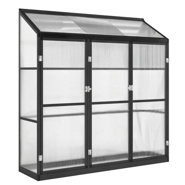 6 x 1.5ft Polycarbonate Greenhouse, Quick Setup, Lean-to Green House with 3 Hinged Doors, Top Vent, Black