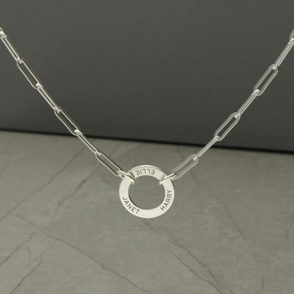 Sterling Silver Paper Clip Link Necklace With Engraved Ring - Love Silver Jewellery
