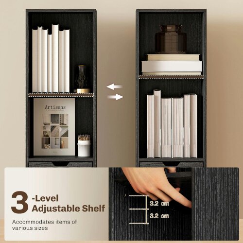 Wyld Haus Nota Wooden Black Tall Narrow 6 Tier Bookcase With Drawer And Door