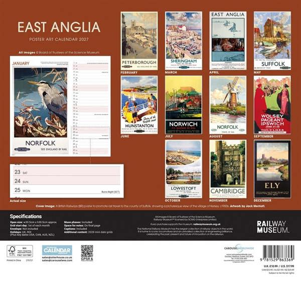 National Railway Museum, East Anglia Poster Art Calendar 2027, Wall Calendars, Month To View, Travel, Gift