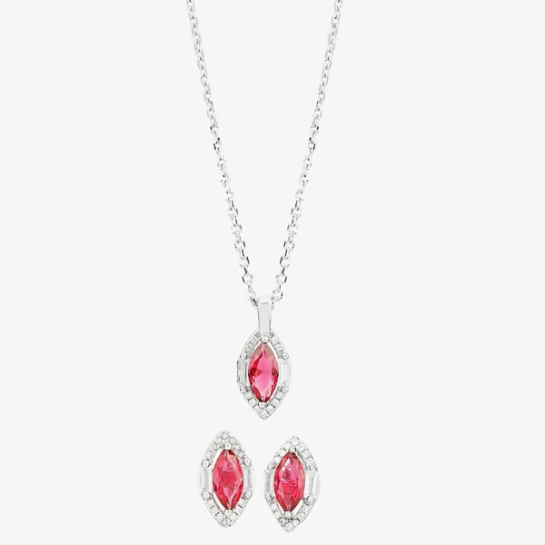 T. H. Baker Silver Red Cubic Zirconia Marquise Pendant and Earrings Set SET14197