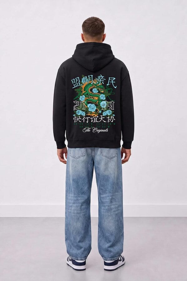 London Attitude Relaxed Fit Dragon Graphic Hoodie in Black
