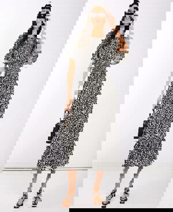 Black Animal Waisted Midi Dress