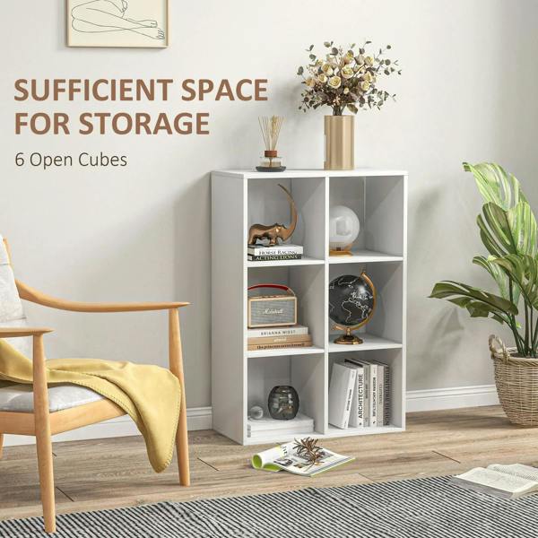 White 6-cube bookshelf with open cubbies for storage, books, and decor