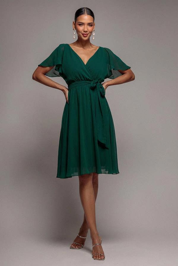 Chiffon Flutter Sleeve Wrap Midi Dress - Dark Green DR2555B