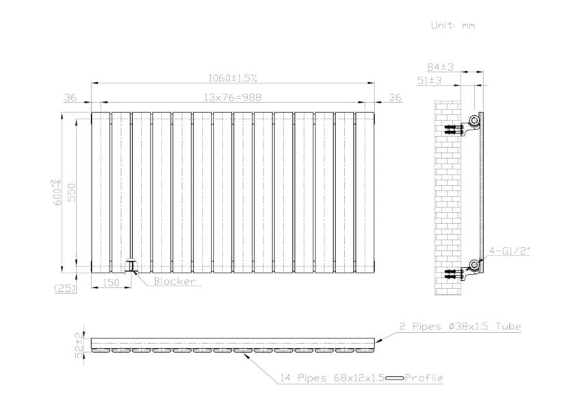 MYHOMEWARE Black 1060 x 600 mm Modern Vertical Flat Panel Designer Radiator Single Panel Radiator Heater