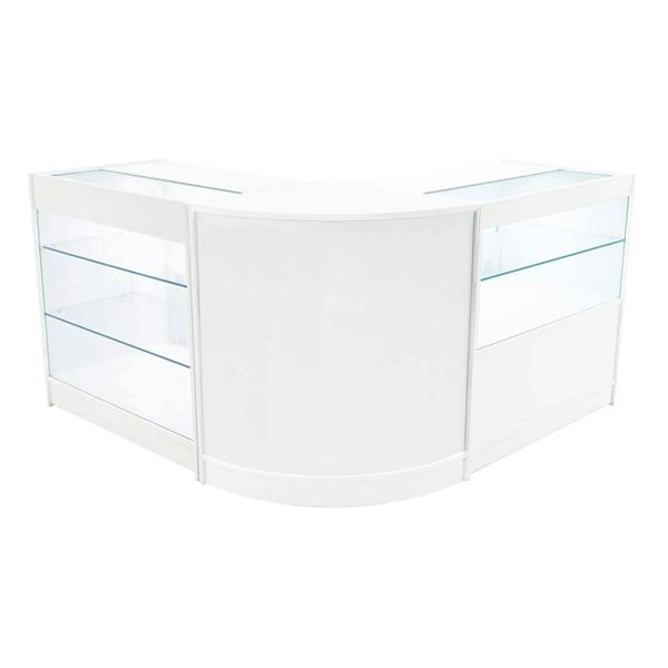 Hera LED Shop Counter Set in white, featuring a sleek curved design, glass display shelves, and modern LED lighting for visibility